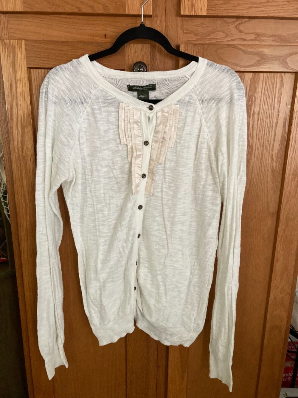 Eddie Bauer Ivory Cotton Cardigan Sweater XL Y2K Coquette Ribbon Trim
